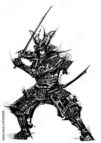 戦国武将_刀構え_01 モノクロ