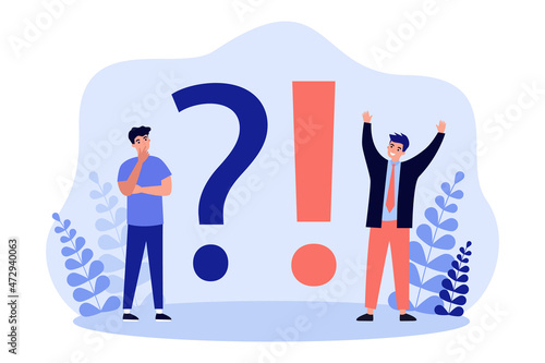 Tiny people standing near question and exclamation marks. Persons solving problems, thinking about information flat vector illustration. FAQ concept for banner, website design or landing web page