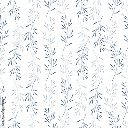 Fototapeta Naklejka Na Ścianę i Meble -  Watercolor seamless cozy pattern. Modern abstract boho blue mini leaves. Hand drawn nursery cute print. For scrapbook paper, wallpaper, wrapping paper, fabric, textile. For linens, linen.