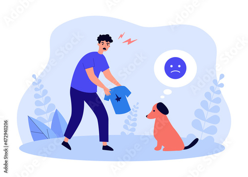 Pet owner angry at guilty dog for damaged clothes. Man scolding puppy for destroying shirt flat vector illustration. Bad behavior of naughty dog concept for banner, website design or landing web page