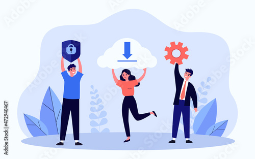 Tiny users with lock on shield, gear and cloud for remote access. People using digital database flat vector illustration. Cloud service, security concept for banner, website design or landing web page