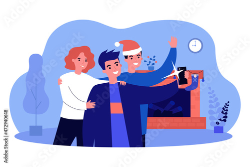 Happy family taking selfie photo after Christmas dinner. Xmas party of people by home fireplace flat vector illustration. Christmas celebration concept for banner, website design or landing web page