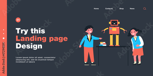 Children learning robotics in classroom. Flat vector illustration. Teacher pointing to blackboard, kids studying robot standing on school desk. Robotics, school, modern technology, science concept