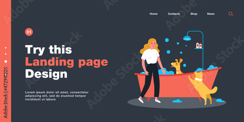 Female owner washing dogs in bathtub. Woman bathing domestic animal sitting in foamy tub flat vector illustration. Pets, hygiene, grooming concept for banner, website design or landing web page