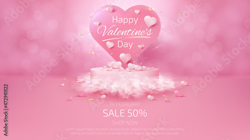 Valentine's day background and sale banner template with realistic 3d podium and cloud elements, ribbon, balloon heart shaped with glitter light effects and bokeh.