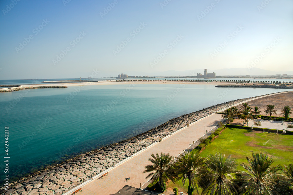 Marjan Island in emirate of Ras al Khaimah with lots of hotels and resorts for a perfect getaway destination in the United Arab Emirates