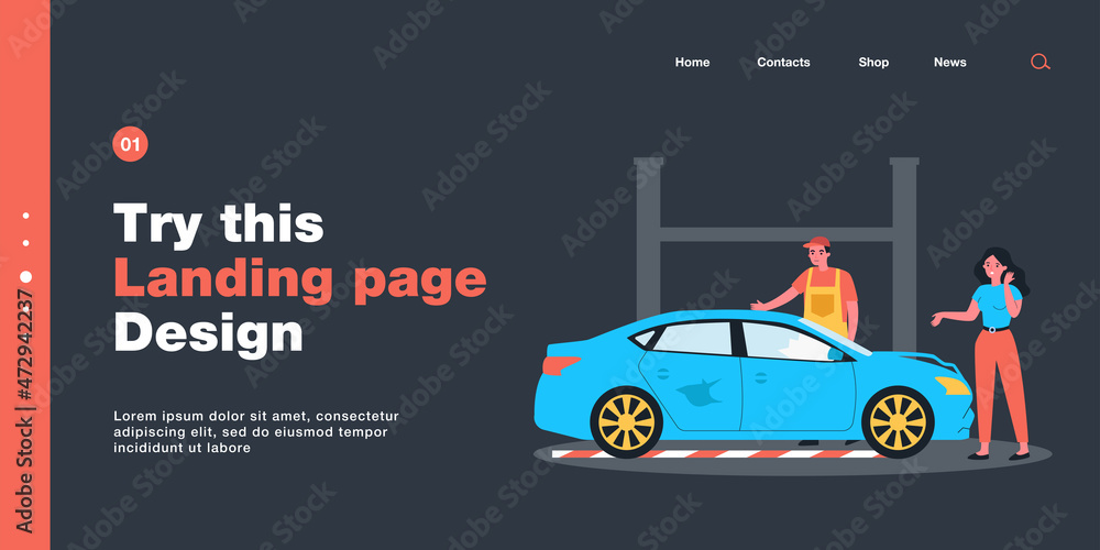 Naklejka premium Female driver and broken car at auto service. Woman talking to mechanic, worker examining damaged vehicle flat vector illustration. Car repair concept for banner, website design or landing web page