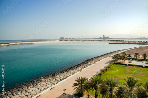 Marjan Island in emirate of Ras al Khaimah with lots of hotels and resorts for a perfect getaway destination in the United Arab Emirates photo