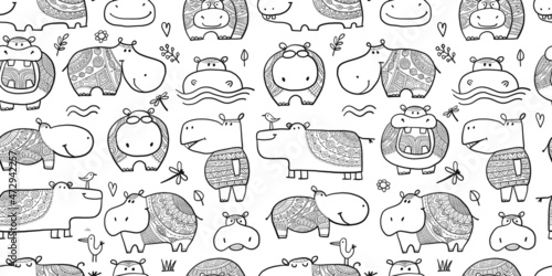 Hippopotamus family, cute hippo characters. Seamless Pattern Background for your design