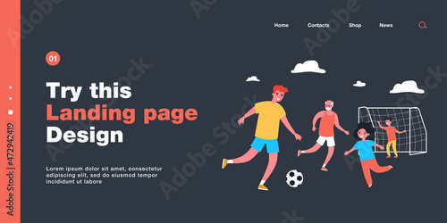 Happy family playing soccer in backyard. Dad  children and grandfather playing football outside flat vector illustration. Family  outdoor activity  sports concept for banner or website design