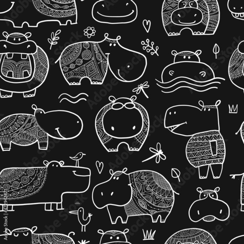 Hippopotamus family, cute hippo characters. Seamless Pattern Background for y...