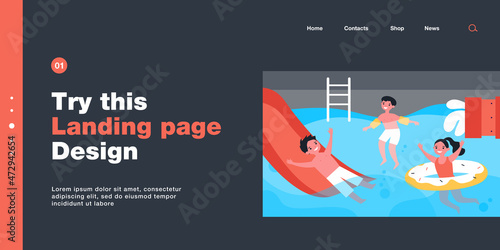 Happy children having fun in swimming pool. Boy on waterslide, kid in inflatable armbands, girl with rubber ring flat vector illustration. Summer activity, vacation concept for banner, website design