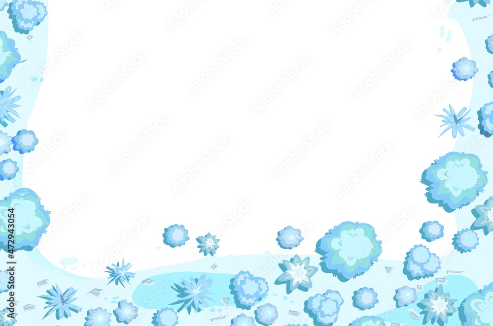 Winter landscape top view. Frame around edge of horizontal image. Snowy frosty nature in cold season. From high. Drifts of snow. Illustration in cartoon style flat design isolated. Vector Winter landscape top view. Frame around edge of horizontal image. Snowy frosty nature in cold season. From high. Drifts of snow. Illustration in cartoon style flat design isolated. Vector