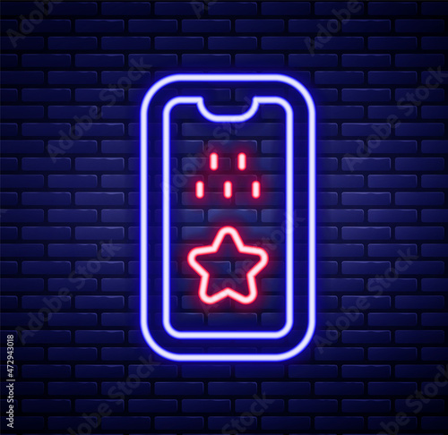 Glowing neon line Taxi mobile app icon isolated on brick wall background. Mobile application taxi. Colorful outline concept. Vector