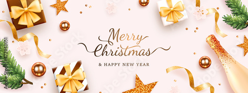 Merry christmas and new year realistic horizontal background with presents and ornaments. Vector illustration