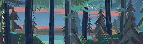 Night landscape. Coniferous forest panorama. Pine stems and Trees on glade. Seamless horizontal illustration in cartoon style flat design. Vector