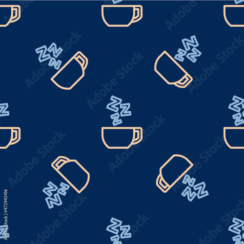 Line Chamomile tea icon isolated seamless pattern on blue background. A useful therapeutic drink from flowers of chamomile medicinal. Vector