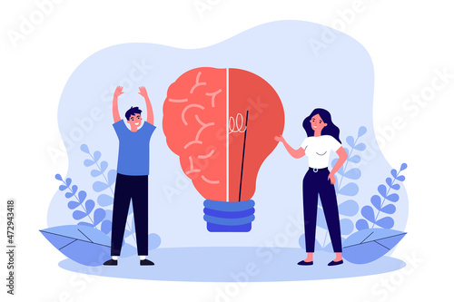 Business people standing with half of human brain and light bulb. Creation of smart idea by man and woman flat vector illustration. Innovation concept for banner, website design or landing web page