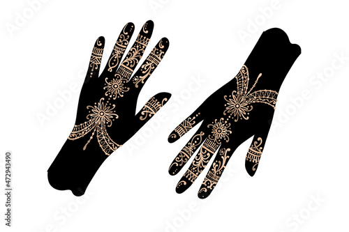 Female Hands with mehendi tattoo ornament for your design. Indian traditional lifestyle.
