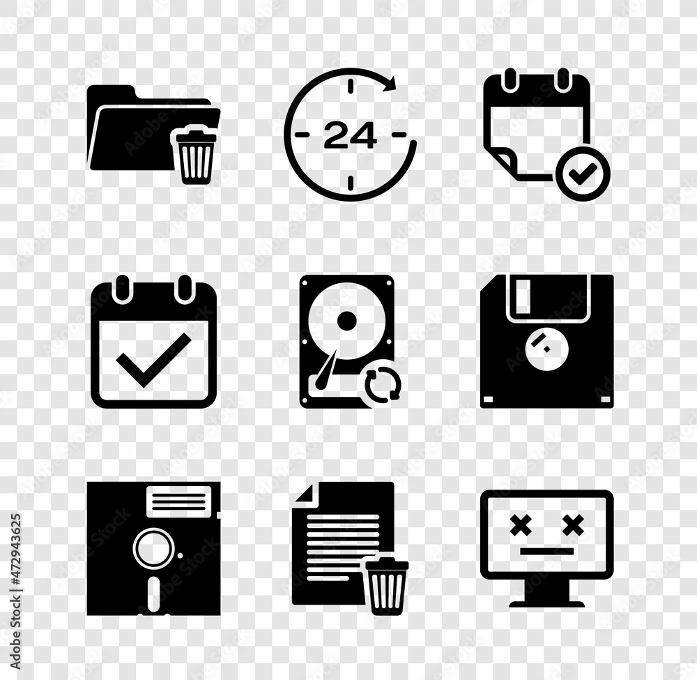 Set Delete folder, Clock 24 hours, Calendar with check mark, Floppy disk in the 5.25-inch, file document and Dead monitor icon. Vector