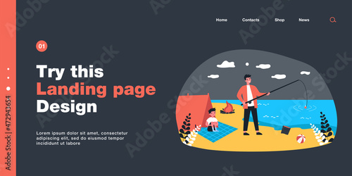 Father fishing on beach with his little son. Flat vector illustration. Young man and boy spending time in tent on shore, making bonfire. Childhood, nature, fatherhood, travel, hike, tourism concept