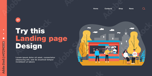 Happy man buying and putting food on tray at street food stall. Couple eating hamburgers at table outdoors flat vector illustration. Street food concept for banner, website design or landing web page