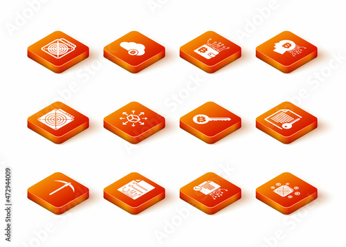 Set Pickaxe, Smart contract, ASIC Miner, Distribution, and Cryptocurrency key icon. Vector