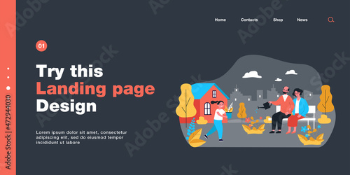 Grandparents sitting on bench and watering flowers in backyard. Girl bringing potted plant to elderly couple flat vector illustration. Gardening concept for banner, website design or landing web page