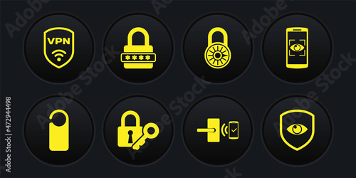 Set Please do not disturb, Mobile and eye scan, Lock key, Digital door lock with wireless, Safe combination wheel and Password protection icon. Vector