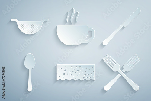 Set Sponge with bubbles, Knife, Spoon, Crossed fork, Coffee cup and Kitchen colander icon. Vector