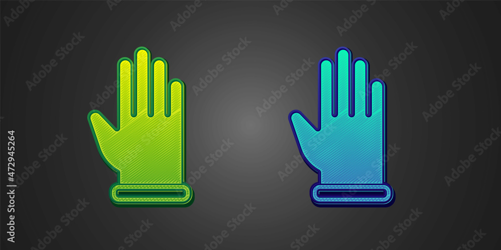 Green and blue Rubber gloves icon isolated on black background. Latex hand protection sign. Housework cleaning equipment symbol. Vector Green and blue Rubber gloves icon isolated on black background. Latex hand protection sign. Housework cleaning equipment symbol. Vector