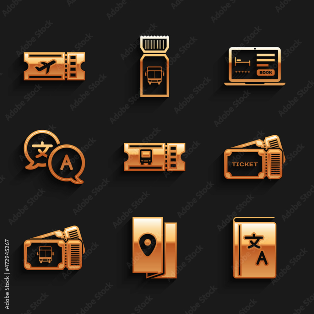 Set Bus ticket, Cover book travel guide, Translator, Ticket, Online hotel booking and Airline icon. Vector Set Bus ticket, Cover book travel guide, Translator, Ticket, Online hotel booking and Airline icon. Vector