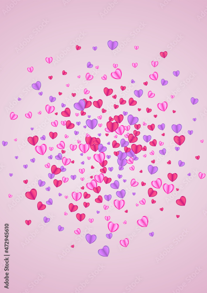 Violet Confetti Background Pink Vector. Wallpaper Frame Heart. Purple Rain Illustration. Lilac Confetti Party Texture. Red Element Pattern.