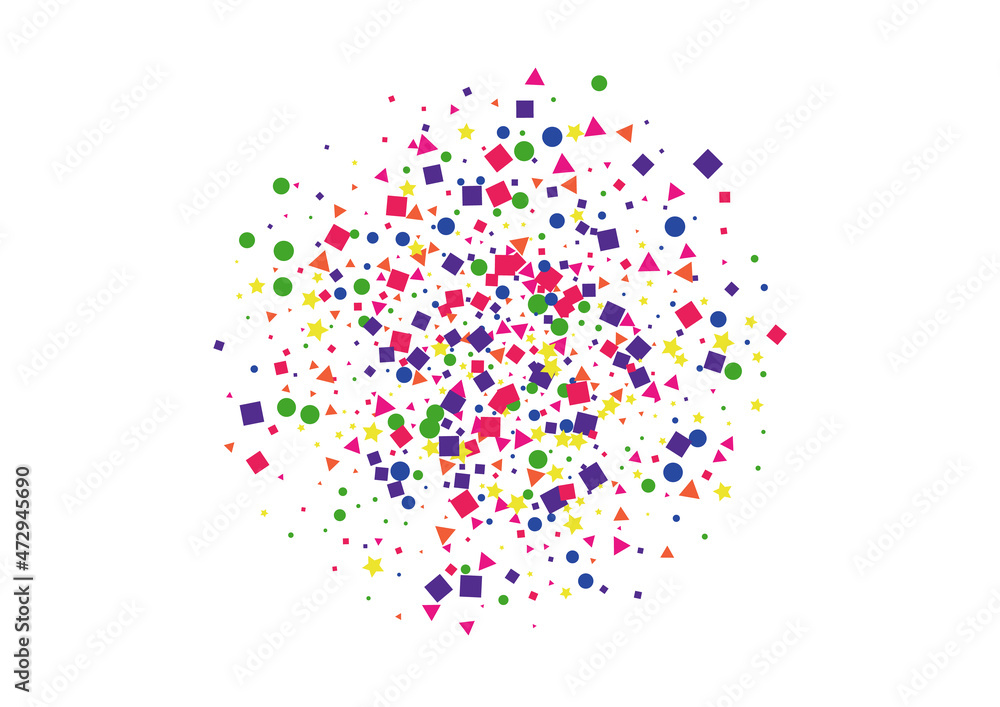 Green Surprise Square Illustration. Explosion Star Background. Purple Confetti Decoration. Gift Dot Illustration. Red Colorful Circle.