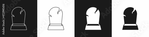Set Tombstone with RIP written on it icon isolated on black and white background. Grave icon. Happy Halloween party. Vector