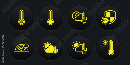 Set Rainbow with cloud, UV protection, Thermometer and sun, moon, Meteorology thermometer, and icon. Vector
