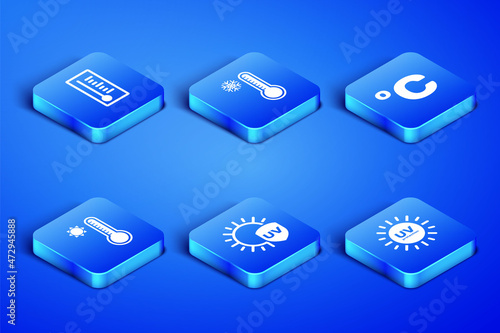 Set UV protection, Meteorology thermometer, and Celsius icon. Vector