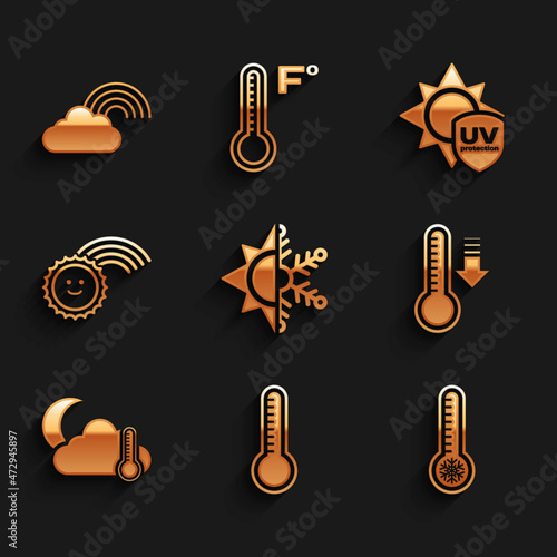 Set Sun and snowflake, Meteorology thermometer, Thermometer cloud, moon, Rainbow with sun, UV protection and icon. Vector