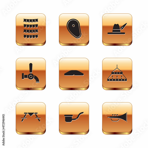 Set Carnival garland with flags, Picnic table benches, Smoking pipe, Homemade pie, Beer tap, Oktoberfest hat, Musical instrument trumpet and Steak meat icon. Vector