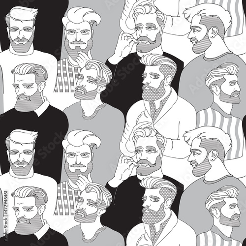 Portraits men with a beard. Seamless pattern. Line art style.