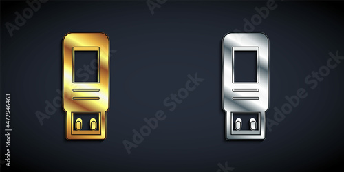 Gold and silver USB flash drive icon isolated on black background. Long shadow style. Vector