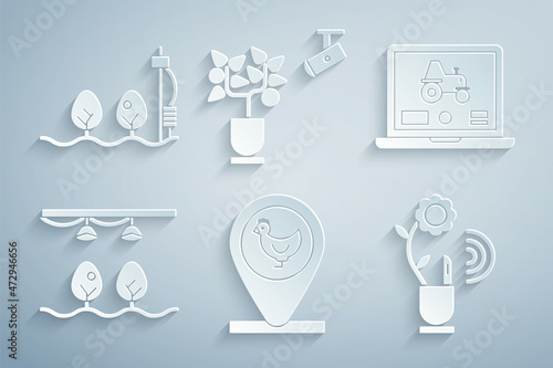 Set Chicken farm and location, Laptop application for smart, Smart with bulb plant, farming technology, and Standalone sensor icon. Vector