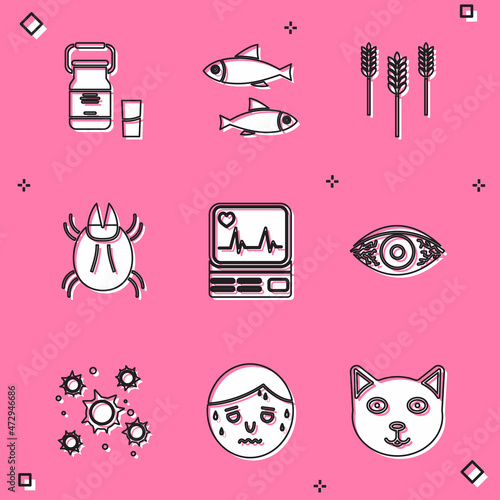 Set Can container for milk, Fish, Wheat, Parasite mite, Monitor with cardiogram, Reddish eye allergic conjunctivitis, Bacteria and Man excessive sweating icon. Vector