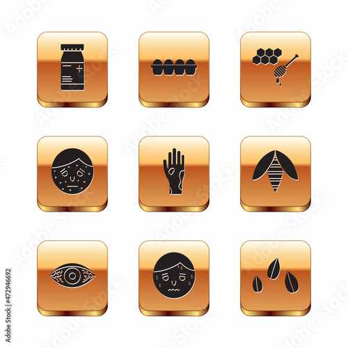 Set Medicine bottle and pills, Reddish eye allergic conjunctivitis, Man with excessive sweating, Hand psoriasis or eczema, Face, Honeycomb honey dipper, Sesame seeds and Chicken egg box icon. Vector