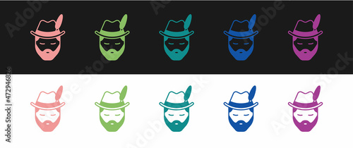 Set Man dressed for German Oktoberfest icon isolated on black and white background. Vector