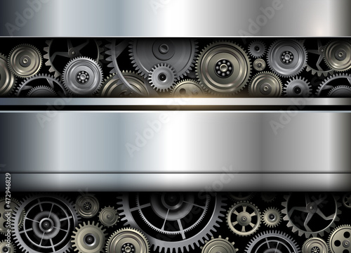 Silver machinery technology background, metal cog and gears industrial modern design, vector illustration.