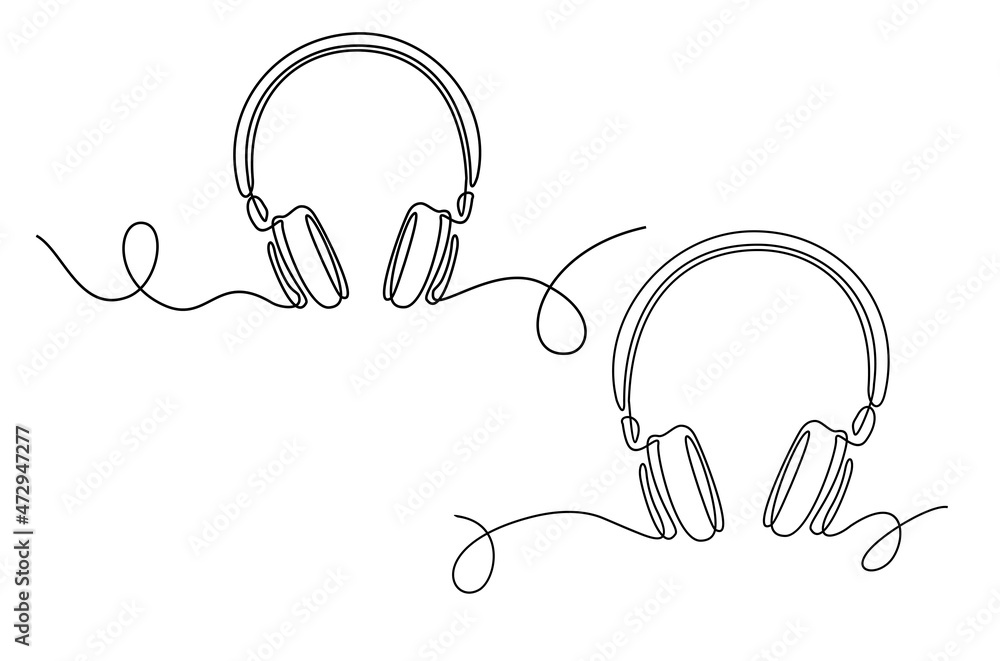 One line headphones set. Hand drawn vector illustration. Continuous line drawing of headphones music musical sound wave. Wireless headphones with music and technology symbols One line headphones set. Hand drawn vector illustration. Continuous line drawing of headphones music musical sound wave. Wireless headphones with music and technology symbols