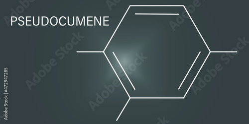 Pseudocumene or 1,2,4-trimethylbenzene aromatic hydrocarbon molecule. Occurs in naturally in coal tar and petroleum. Skeletal formula.