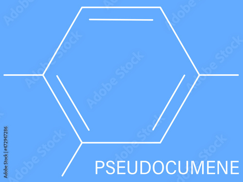 Pseudocumene or 1,2,4-trimethylbenzene aromatic hydrocarbon molecule. Occurs in naturally in coal tar and petroleum. Skeletal formula.