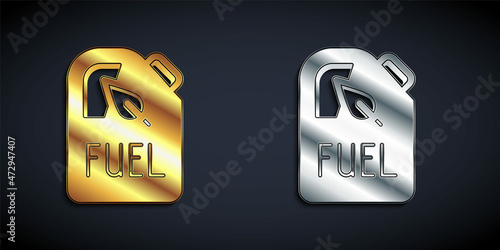Gold and silver Bio fuel canister icon isolated on black background. Eco bio and barrel. Green environment and recycle. Long shadow style. Vector